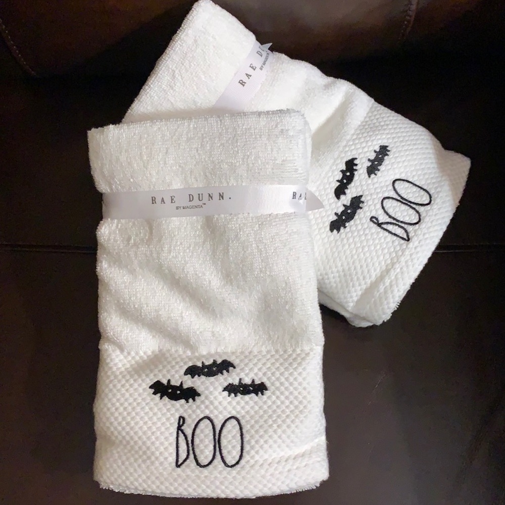 RAE DUNN set of 2 embroidered  BOO/bats hand towels